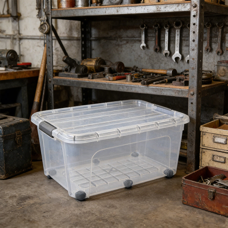 75L Plastic Storage Box with 6 Wheels Click Lid Stackable Clear Storage Box for Home Office