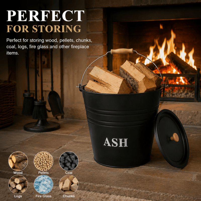 12L Ash Bucket with Lid Metal Fireplace Ash Bin Wood Burner Coal Stove Storage Stove Ash Container